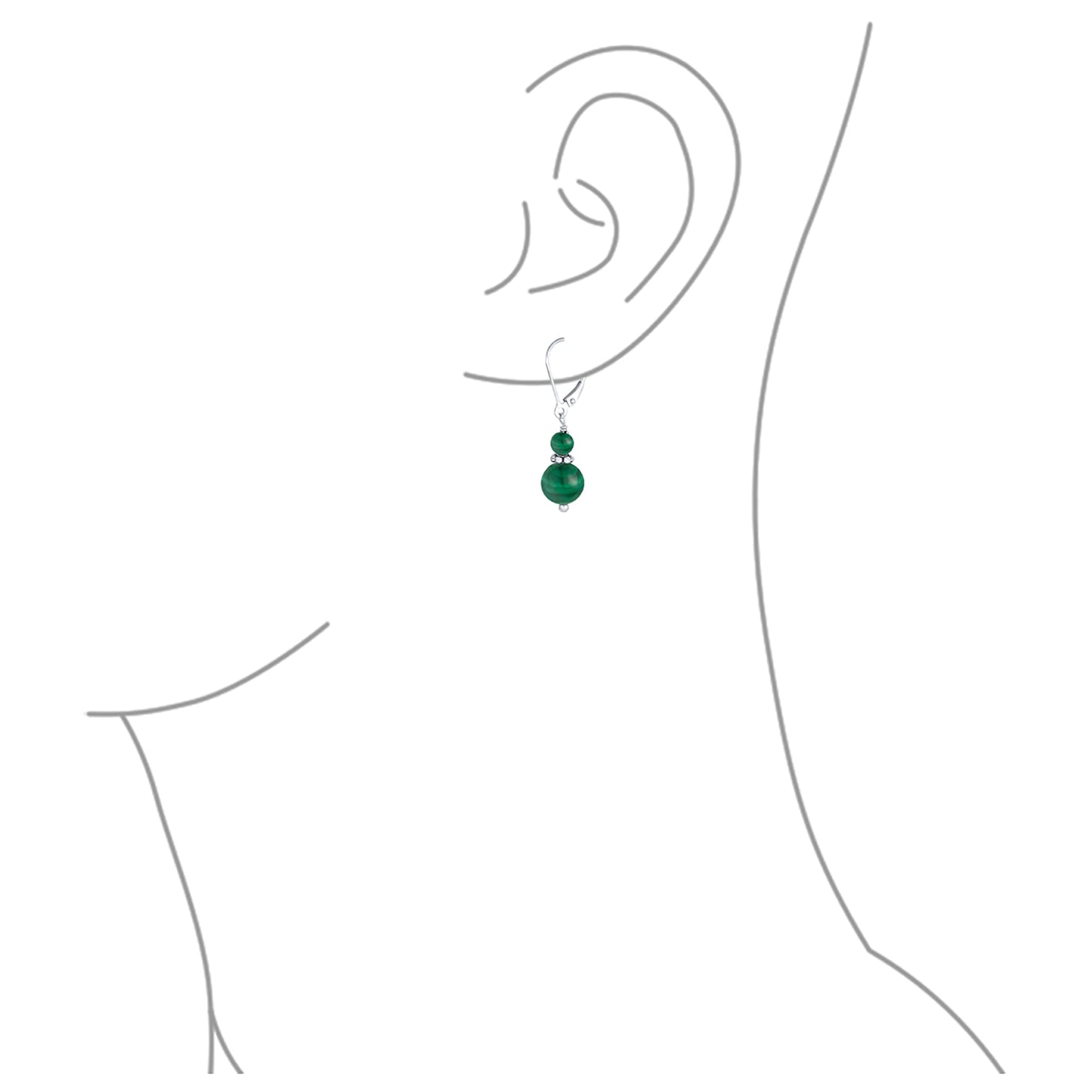 Bling Jewelry Bali Style .925 Sterling Silver Green Malachite Bead 3MM & 8mm Balls Drop Earrings Milgrain Rondel Separator Lever Back Genuine Gemstone