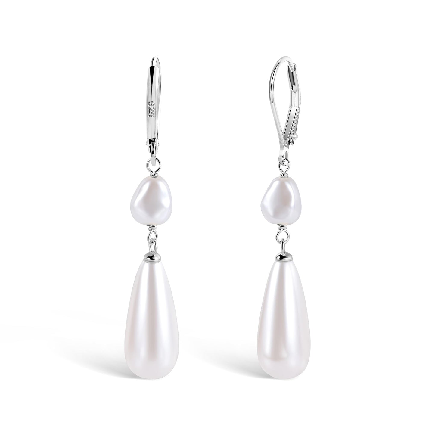Silver Pearl Dangle Earrings for Women 925 Sterling Silver Double pearl Drop Earrings Leverback Irregular-Pearl Hypoallergenic Earring