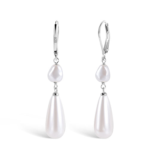 Silver Pearl Dangle Earrings for Women 925 Sterling Silver Double pearl Drop Earrings Leverback Irregular-Pearl Hypoallergenic Earring