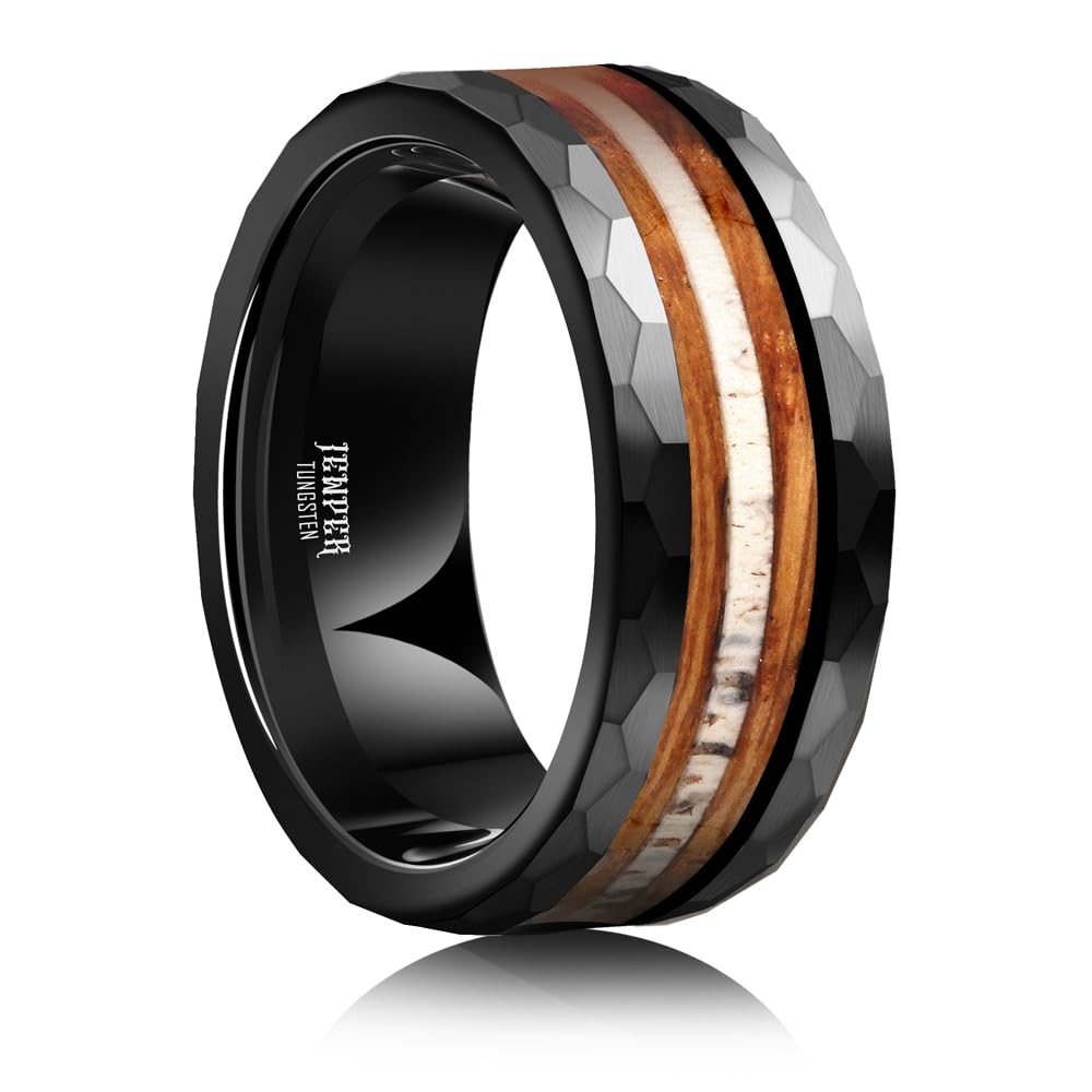JEWPER 8mm Men Womens Wedding Band Tungsten Rings Black Hammer pattern Fashion Promise Carbide Inlaid Antlers Fire whiskey barrel wood Matte Finish Edge Comfort Fit Size(11)