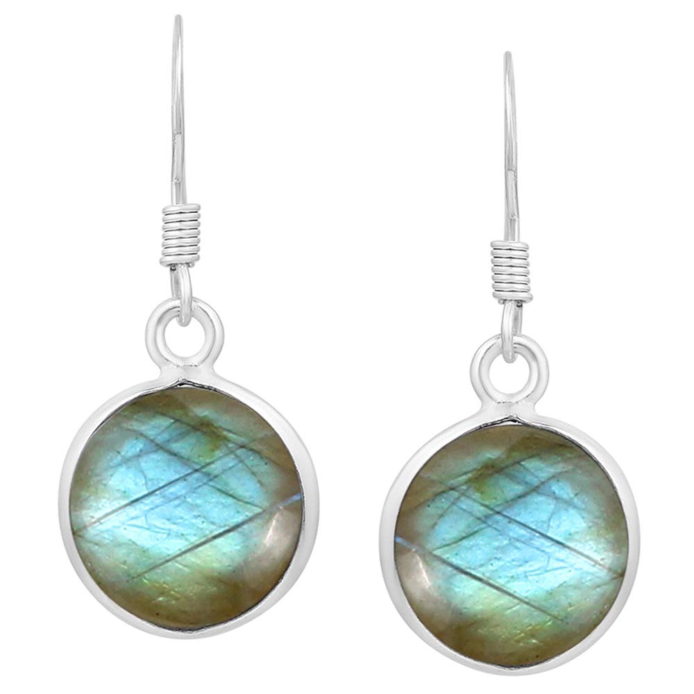 Natural Labradorite 925 Silver Plated Dangle Earrings for Women - Round Shape Blue Green Fire Gemstone Birthstone Handmade Jewelry Earrings - Christmas Wedding Gift for Her