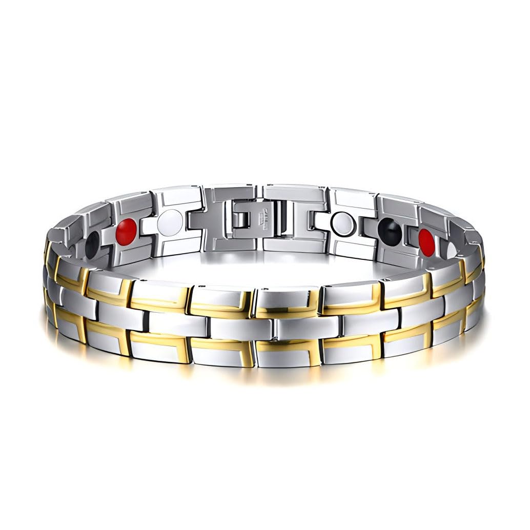 Emmori Stainless Steel Magnetic Therapy Bracelet For Men Women & Adjustable Length with Sizing Tool & Retro Bracelet Jewelry (Silver-Gold)