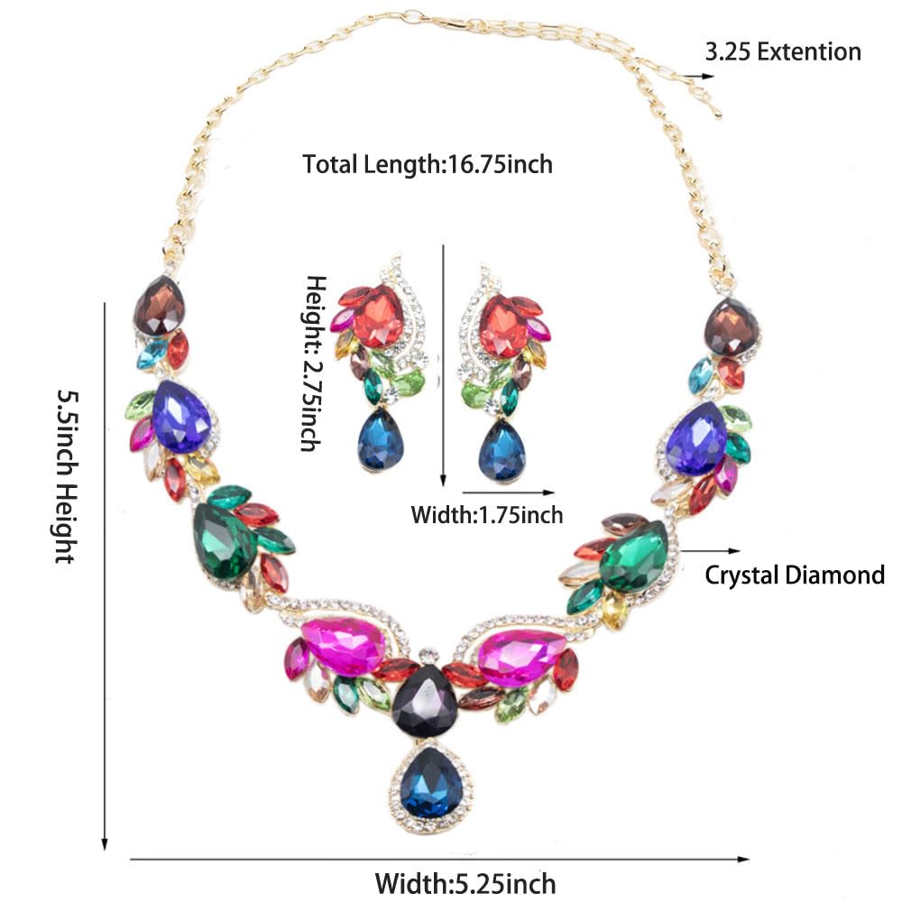 Qlavoca Crystal Rhinestone Statement Necklace jewerly Set Teardrop Cluster Dangle Earrings Set for Bridal Evening Prom Jewelry Accessories (Colorful)