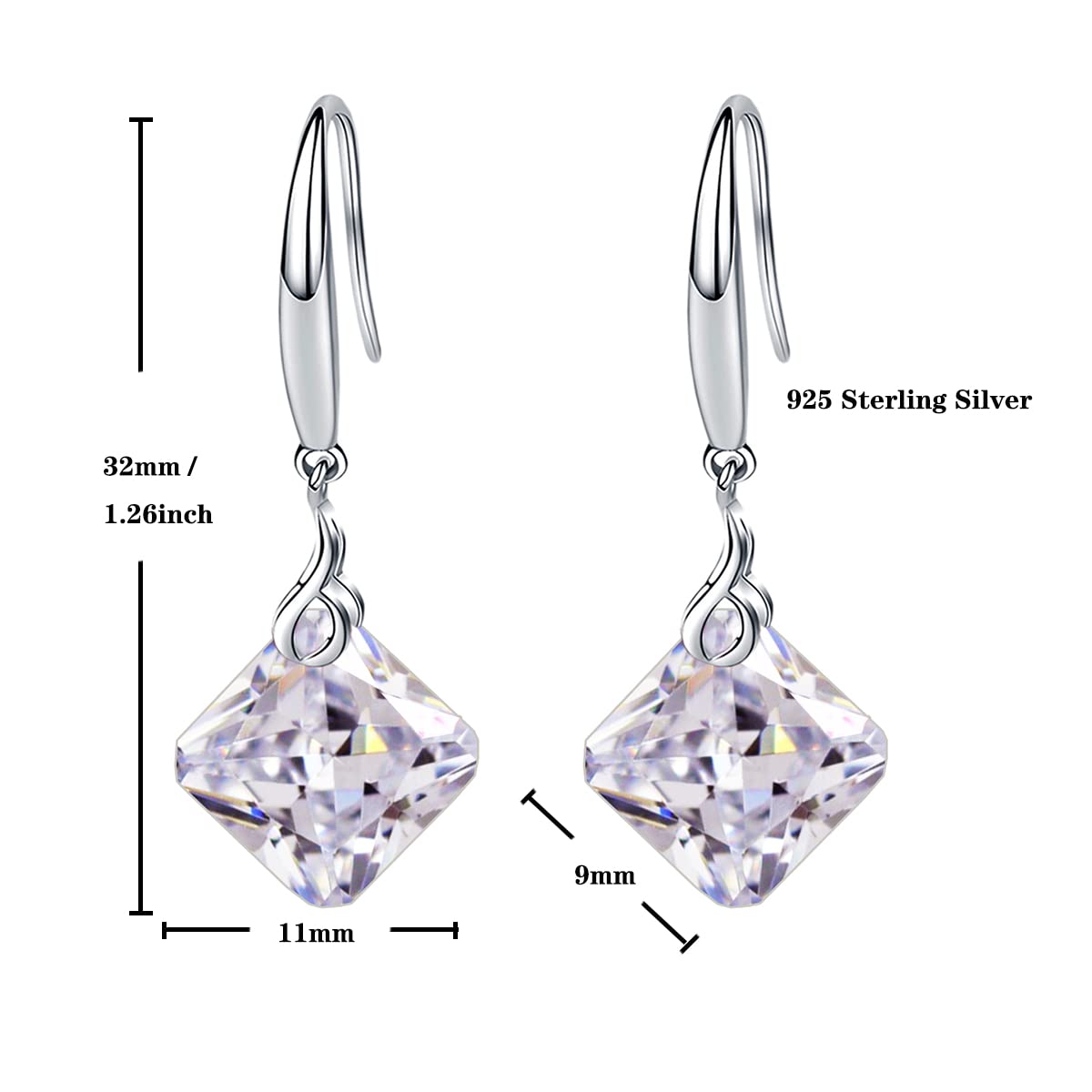Maylover 14k White Gold Plated 925 Sterling Silver 12mm Pear Shape Naked Drill Crystal Dangle Earrings For Women (Square Clear)