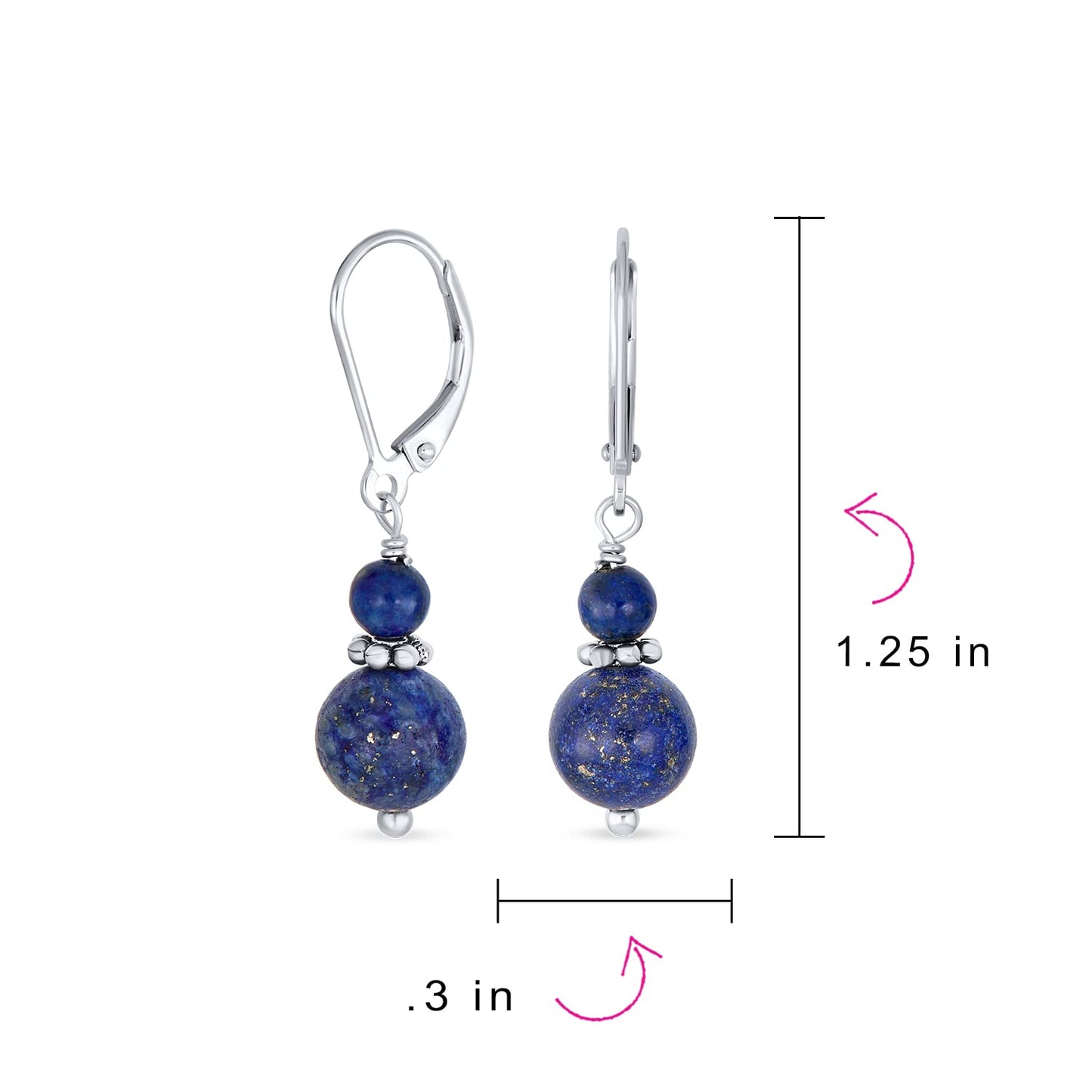 Bling Jewelry Bali Style .925 Sterling Silver Blue Lapis Lazuli Bead 3MM & 8mm Balls Drop Earrings Milgrain Rondel Separator Lever Back Genuine Gemstone