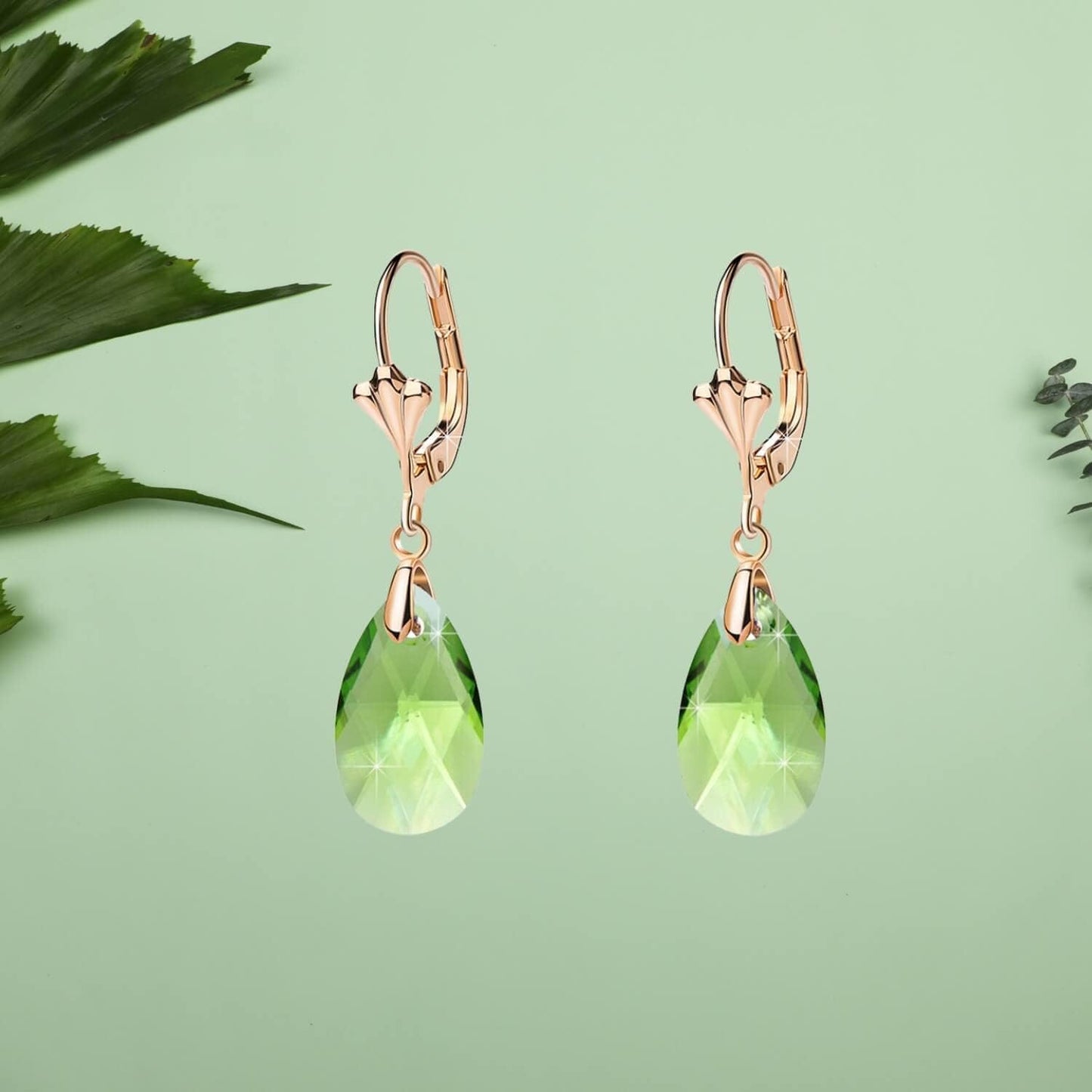 Austrian Crystal Teardrop Leverback Dangle Earrings for Women Fashion 14K Gold Plated Hypoallergenic Jewelry (Green)