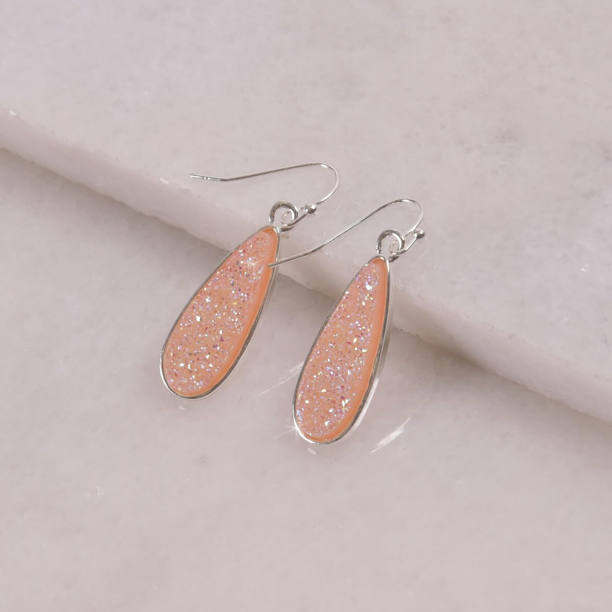 Pink Earrings for Women - Simulated Rose Quartz Earrings for Women, Silver Tone Long Dangles with Sparkly Simulated Druzy Stone, Dangling Teardrop Boho Dangle Drops, Elegant Dangly Tear Drop