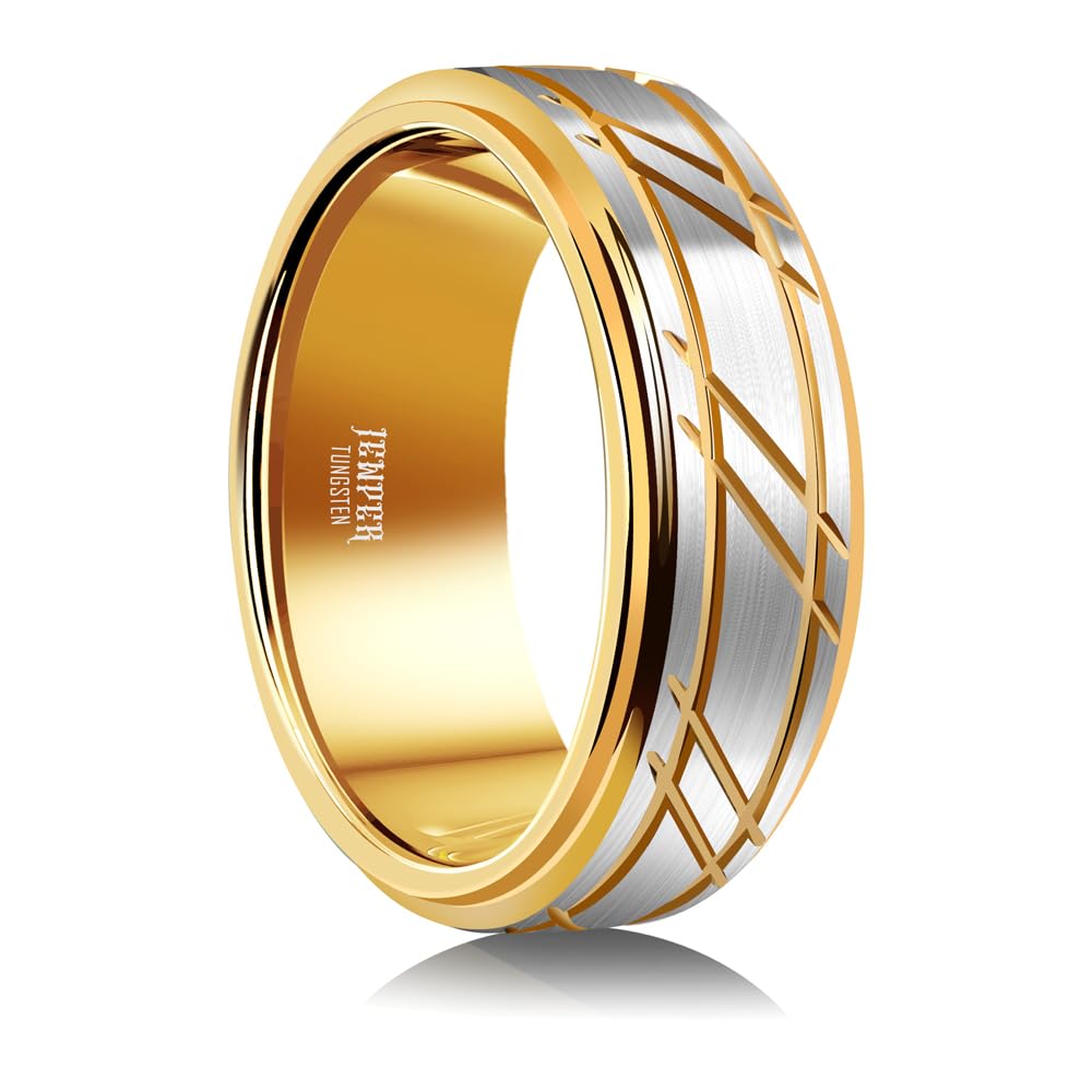 JEWPER 8mm Men Womens Wedding Band Tungsten Rings Gold Fashion Promise Carbide Silver brushed groove design on the outer ring Matte Finish Edge Comfort Fit size(12)