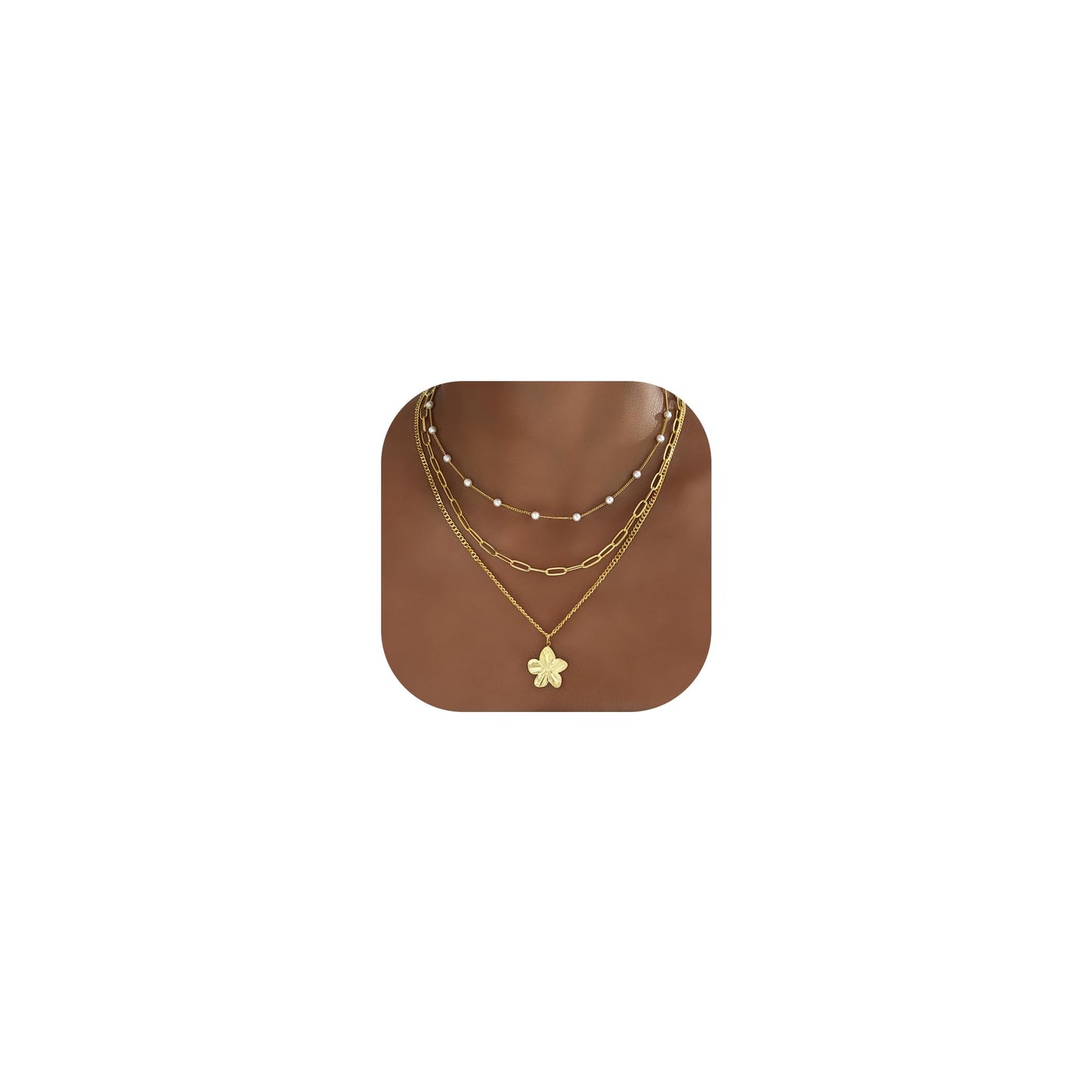 YEEZII Layered Gold Necklaces for Women Trendy, 3 Pcs 14K Gold Plated Choker Paperclip Box Chain Necklace, Stackable Women's Gold Pendant Necklaces Jewelry Set (Gold-3 Pcs-Flower)