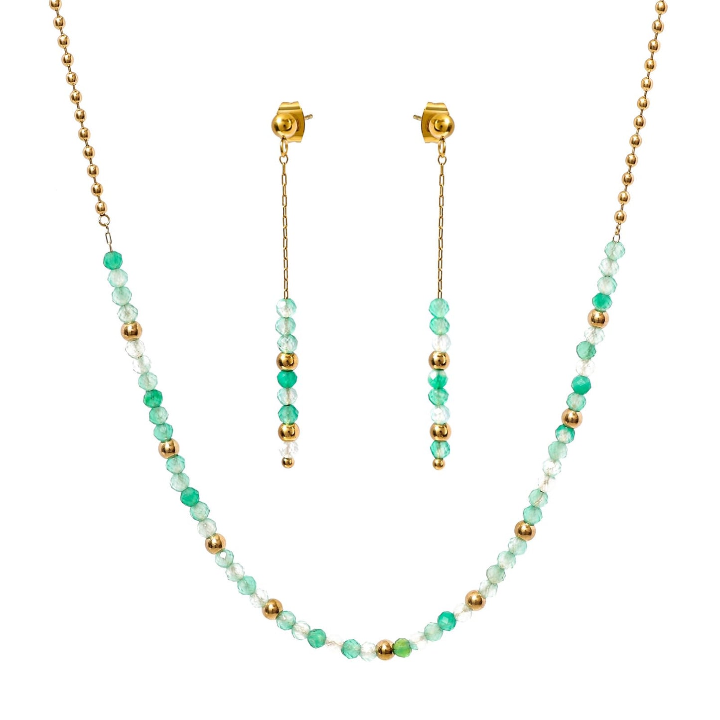 TaYolnFaSo Round Green Fluorite Beads Jewelry Set for Women 18K Gold Plated Green Fluorite Necklace and Earrings Set Gift for Mother