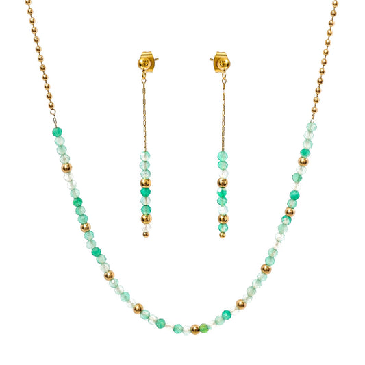 TaYolnFaSo Round Green Fluorite Beads Jewelry Set for Women 18K Gold Plated Green Fluorite Necklace and Earrings Set Gift for Mother