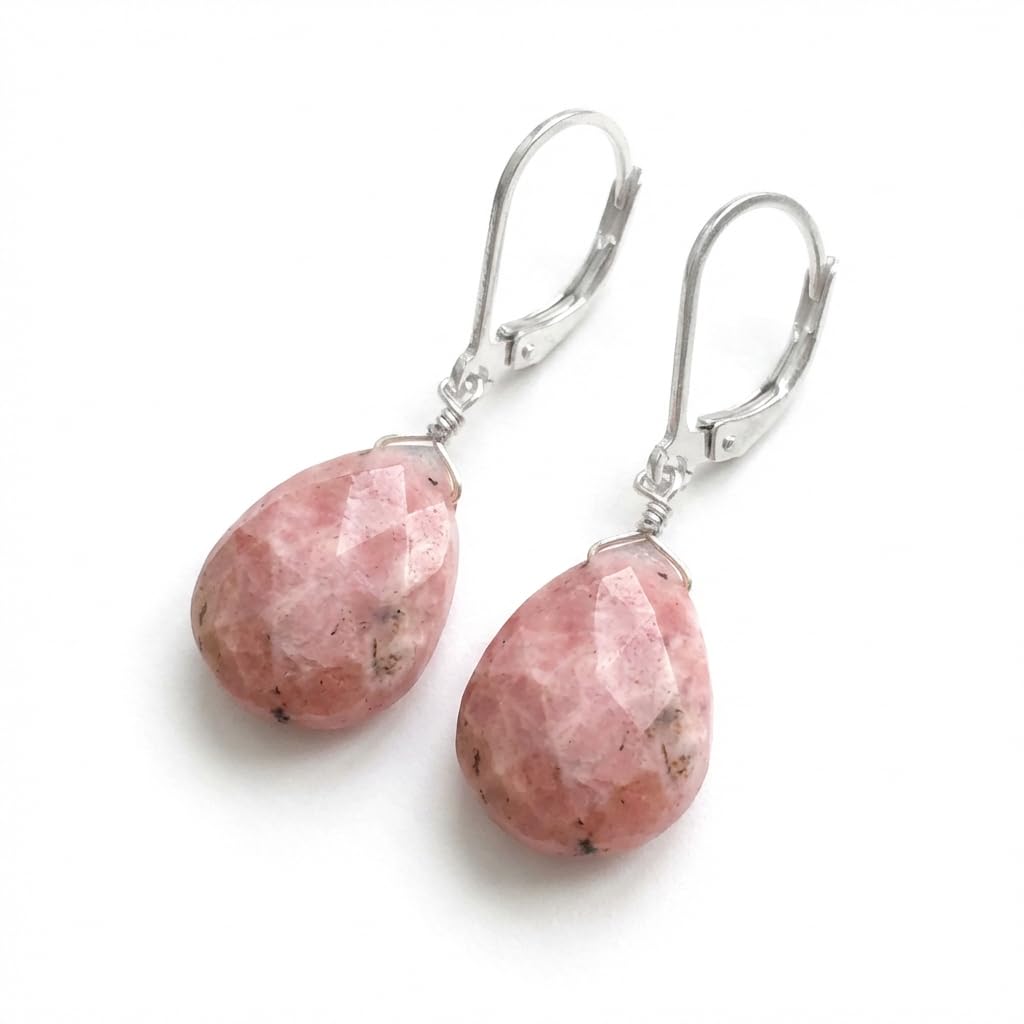 GemInspire | Rhodochrosite Teardrop Earrings for Women | 925 Sterling Silver Leverback Lightweight Natural Crystal Dangle Minimal Drop Jewelry Gift for Mom Wife Girlfriend Everyday Wear