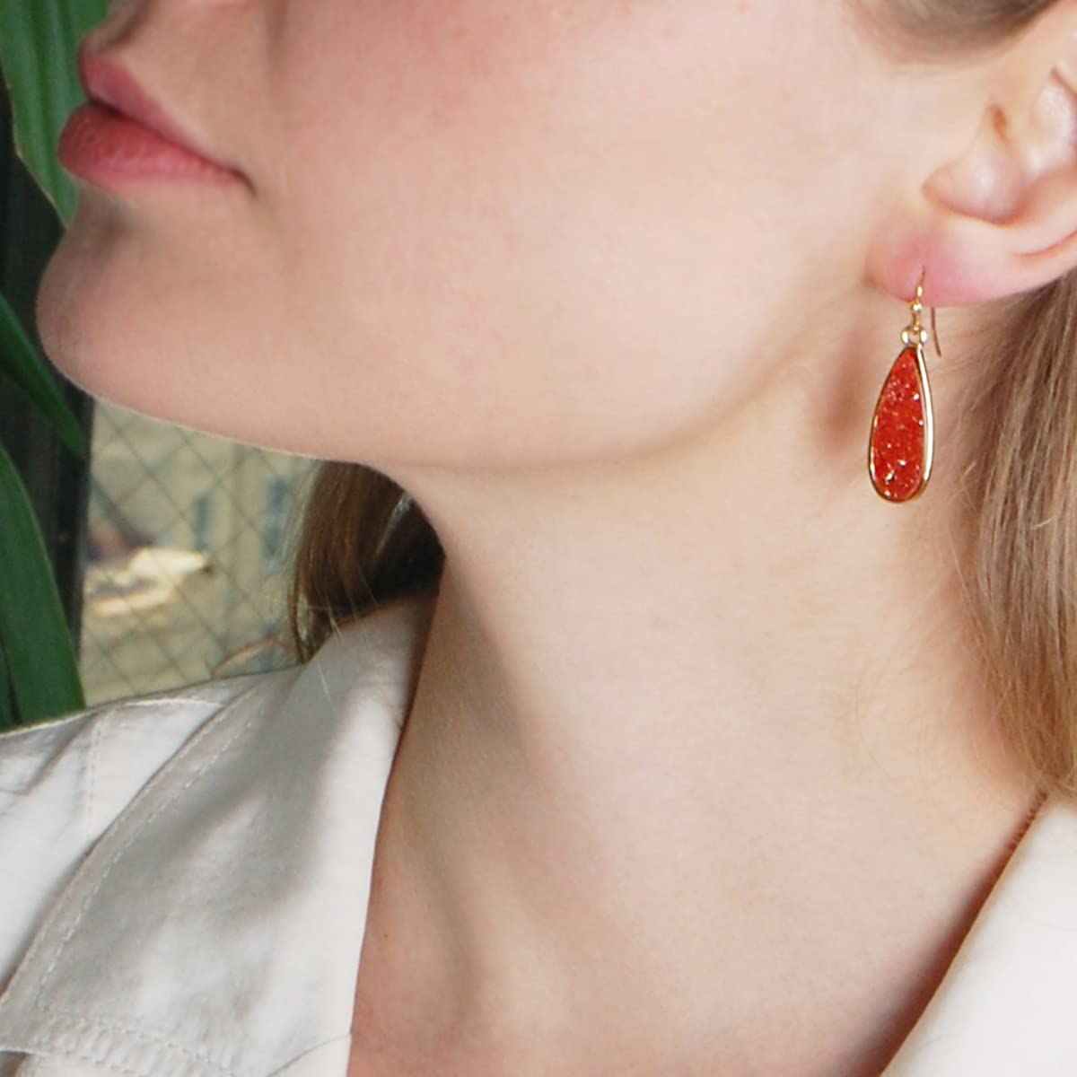Simulated Druzy Drop Dangles - Sparkly Bohemian Long Teardrop Dangly Earrings for Women, Gold Tone - Red Stone