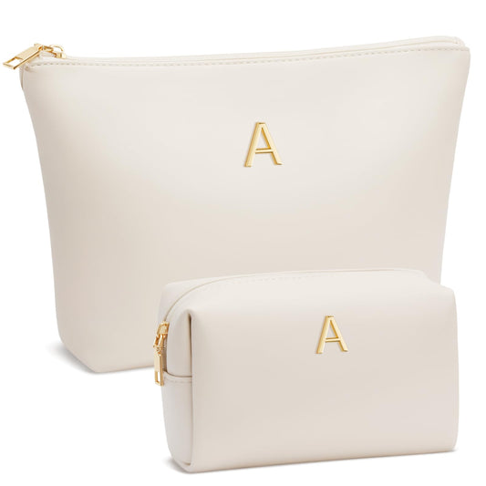 CLOUDWINGS Graduation Gifts | Initial Makeup Bag for Women Personalized Gifts for Bridesmaid Teachers Friend Female College Cosmetic Travel Toiletry Bag(Beige,A)