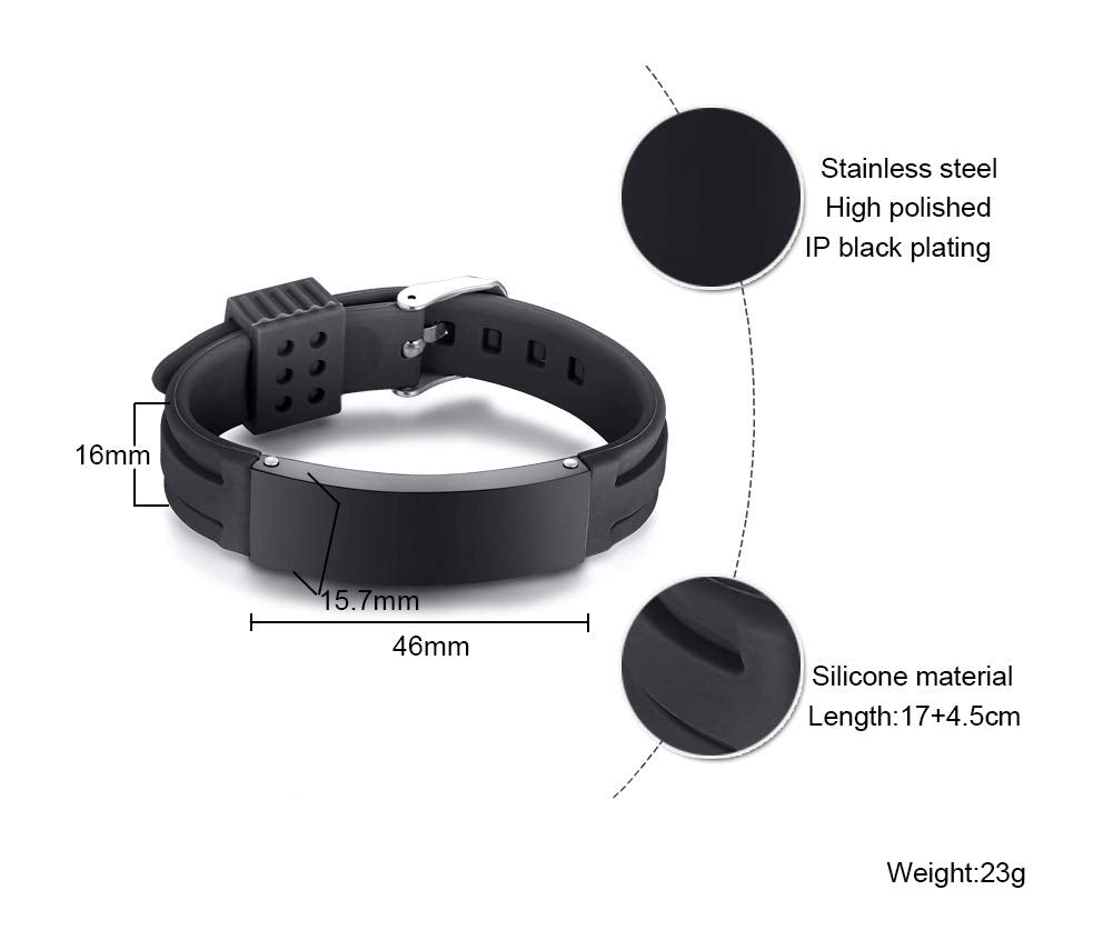 VNOX Type 1 Diabetes Medical Alert ID Black Silicone Rubber Stainless Steel Adjustable Bracelet for Unisex