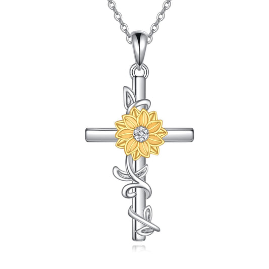 SHEAISRS Women's Sunflower Cross Necklace 925 Sterling Silver Delicate Sunflower Pendant for Women(Sunflower)
