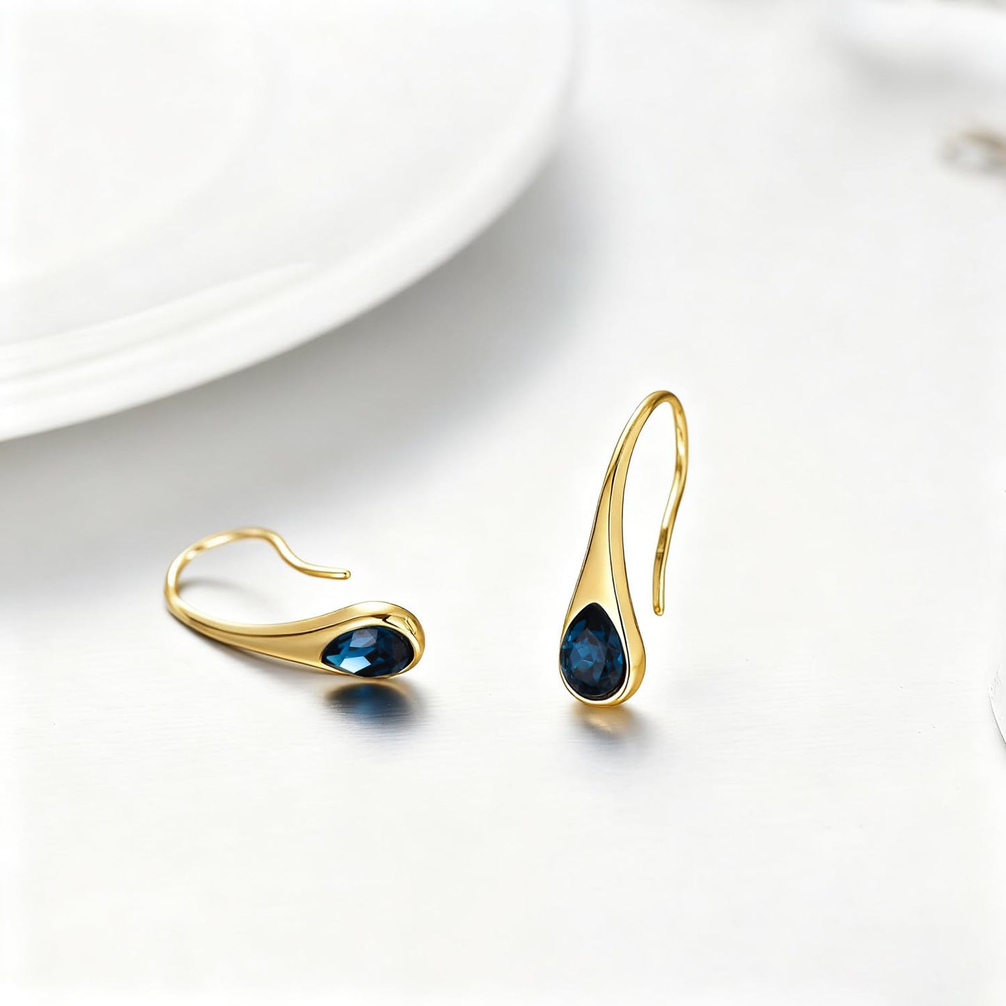 925 Sterling Silver Teardrop Earrings, Hypoallergenic Pear-Shaped Dangle Drop Earrings for Women with London Blue Crystals-14K Gold Plated