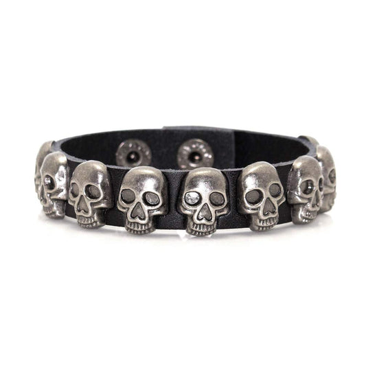 Xusamss Punk Rock Alloy Buckle Leather Wristband Skull Cuff Bracelet(Black Leather)