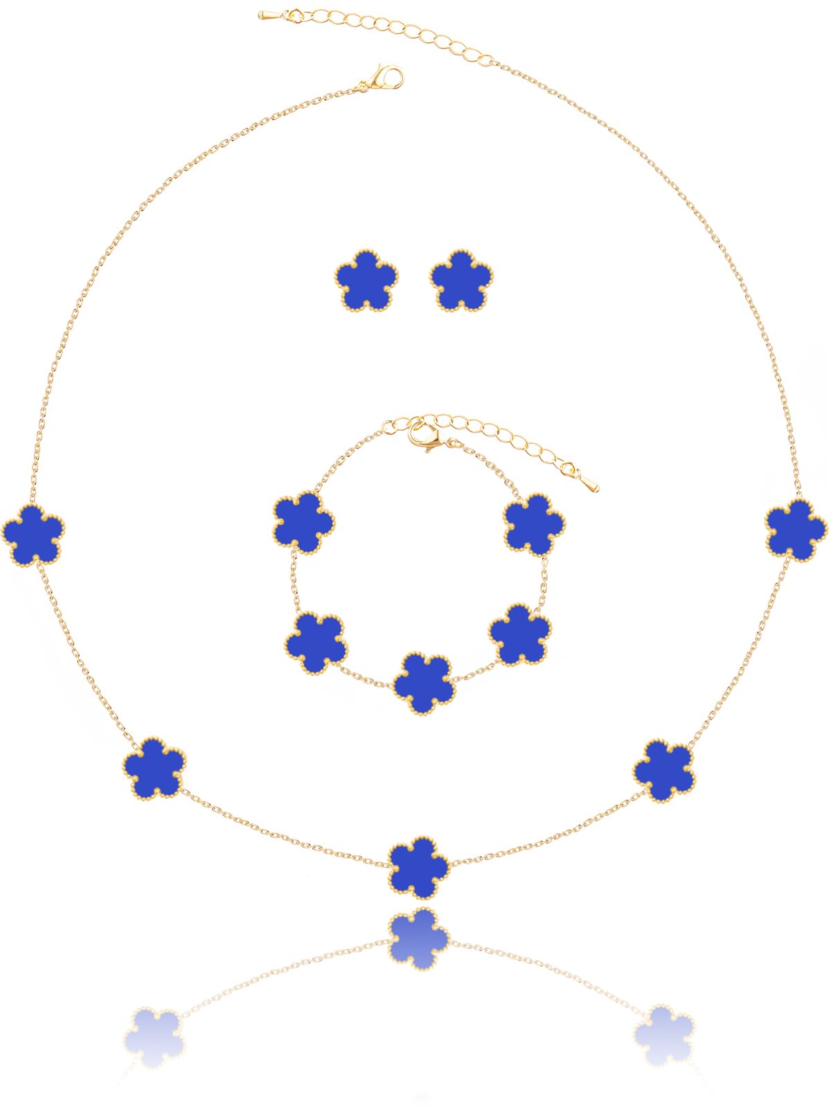 Qinpan Five Leaf Clover Necklace Bracelet and Stud Earrings Set for Women Lucky Flower Jewelry (Royal Blue-14K Gold Plated)