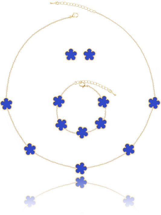 Qinpan Five Leaf Clover Necklace Bracelet and Stud Earrings Set for Women Lucky Flower Jewelry (Royal Blue-14K Gold Plated)