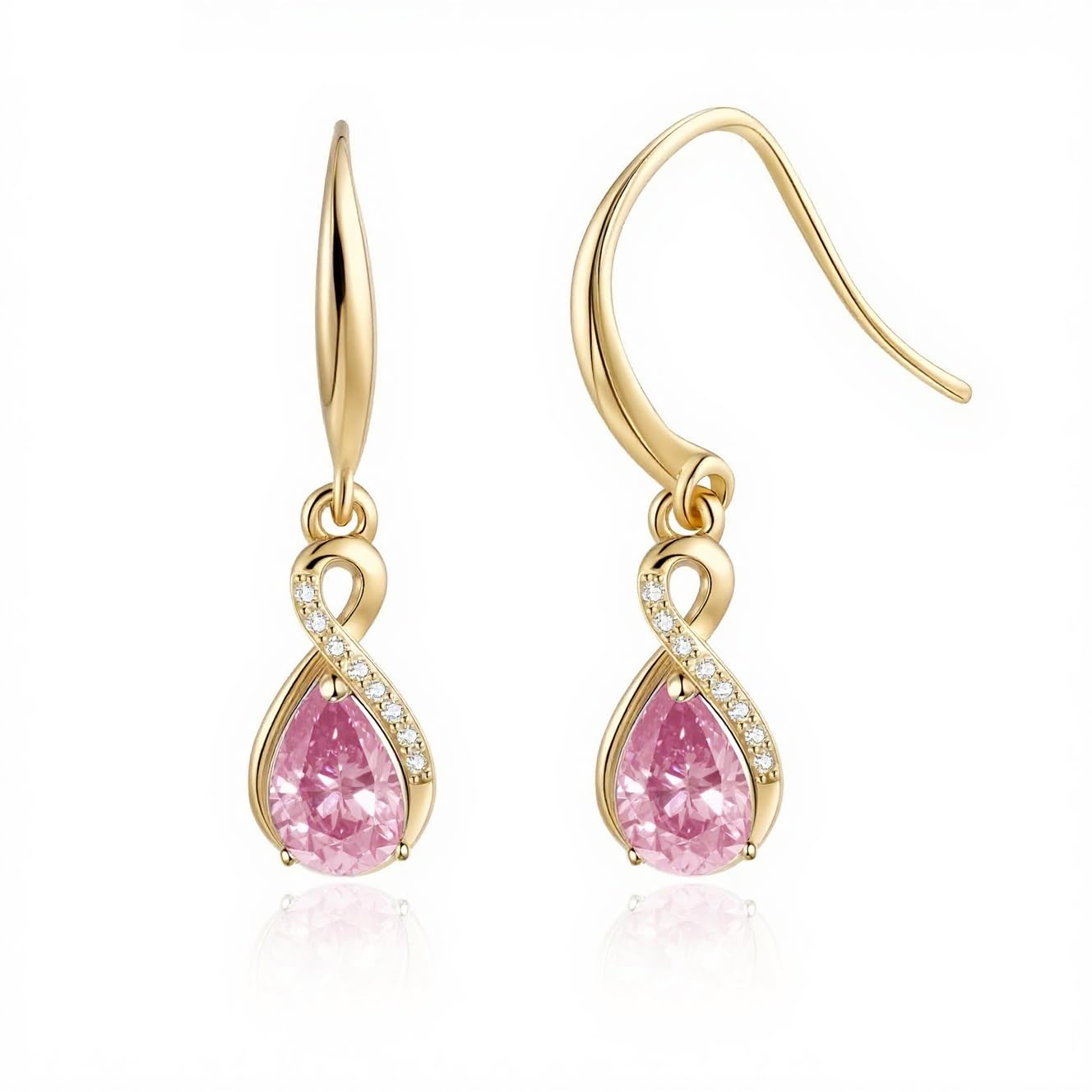 Infinity Birthstone Earrings 18K Gold Plated 925 Sterling Silver Teardrop Infinity Drop Dangle Earrings Pink Tourmaline Jewelry Birthday Gifts for Women Her Mother Wife