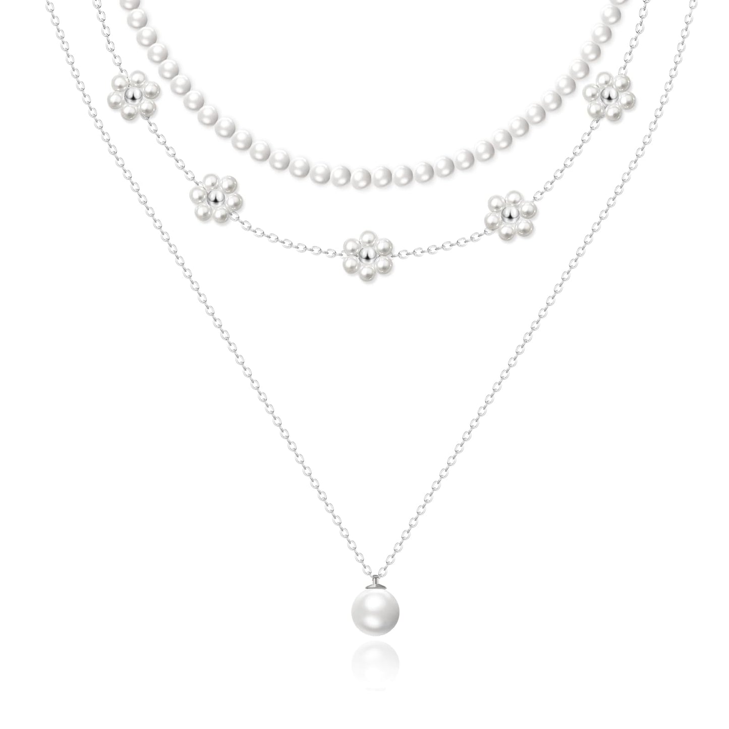 Zeffy Silver Daisy Pearl Necklaces for Women Silver Dainty Layered Pearl Choker Trendy Cute Silver Necklace Stack Wedding Jewelry Sets for Women Bridesmaid Gifts