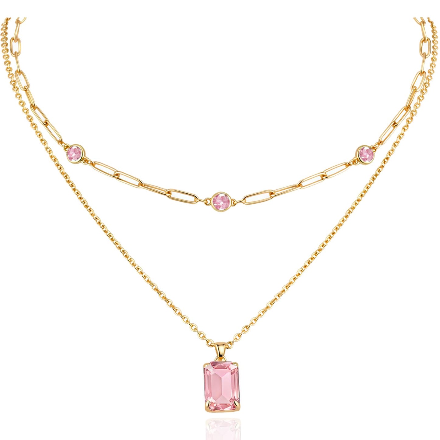 VANGETIMI Pink and Gold Layered Pendant Necklaces for Women 14k Gold Plated Crystal Choker Necklace Paperclip Rhinestone Necklace Party Prom Jewelry