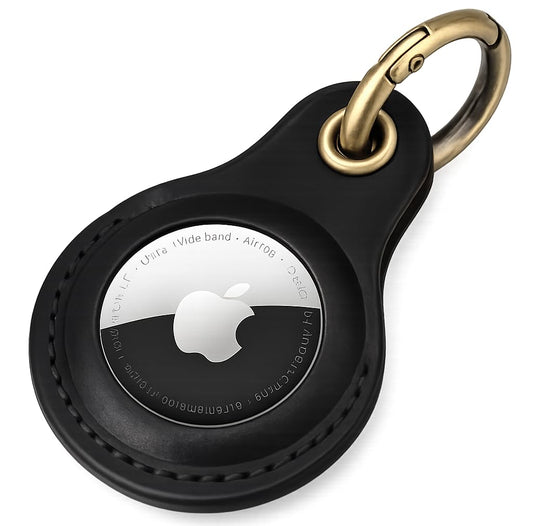 Genuine Leather AirTag Keychain Holder Compatible with Apple AirTags Keyring, Anti Lost Secure Key Ring Case for Pet Collar Luggage Suitcase Tracking Travel, Protective Air Tag Key Chain Cover, Black