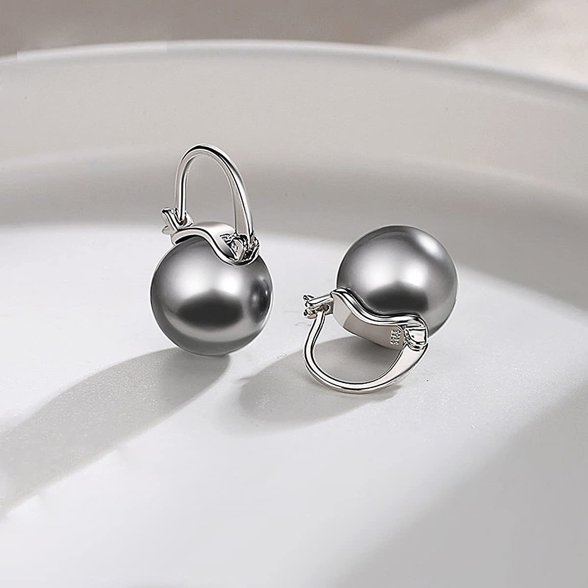 OwMell Elegant 925 Sterling Silver Pearl Drop Earrings Dangle Stud Gold Plated Earrings for Women Large Size 12mm - Grey