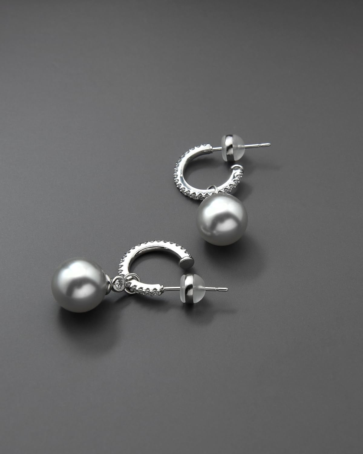 KZZENKI Grey Pearl Earrings for Women, Sterling Silver Post Drop Earrings, Open Hoop Peal Dangle Earrings Bridal Jewelry
