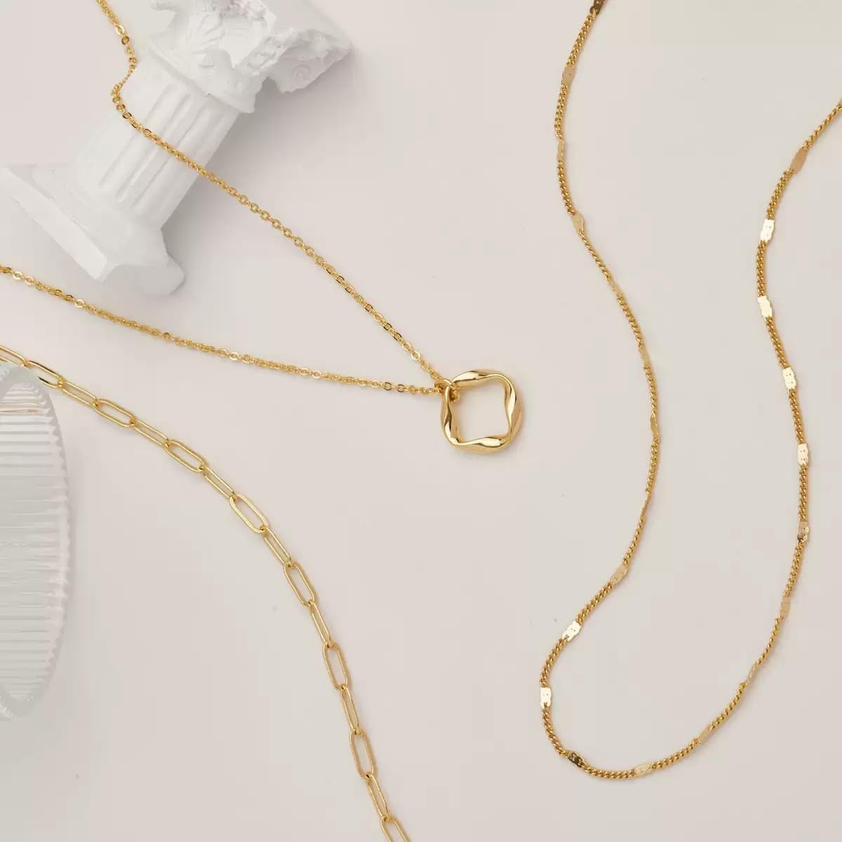 JELLYSEE Gold Necklaces for Women - 14K Gold Plated Layering Necklaces Trendy Circle Paperclip Chain Pendant Choker Necklace, Simple Diamond Cross Bow Jewelry Set Gifts for Women