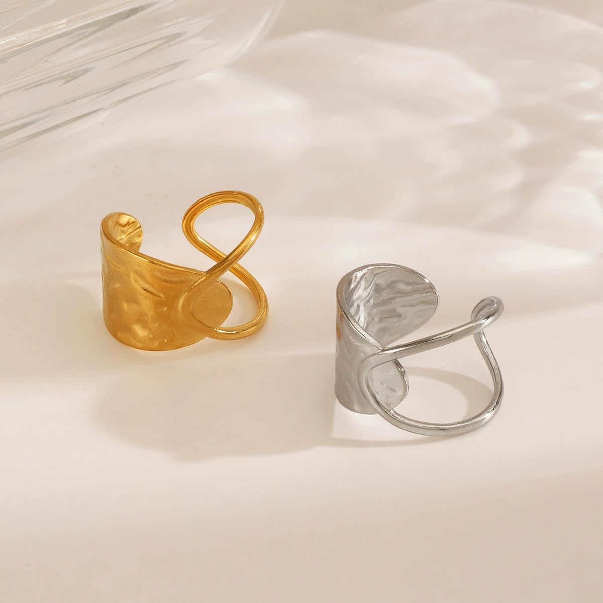 AIETUE Chunky Rings For Women, Gold Silver Thumb Ring Asymmetrical Wavy Curve Ring Adjustable Non Tarnish Dainty Stainless Steel New Year Anniversary Birthday Jewelry Gift (Crossing Silver)