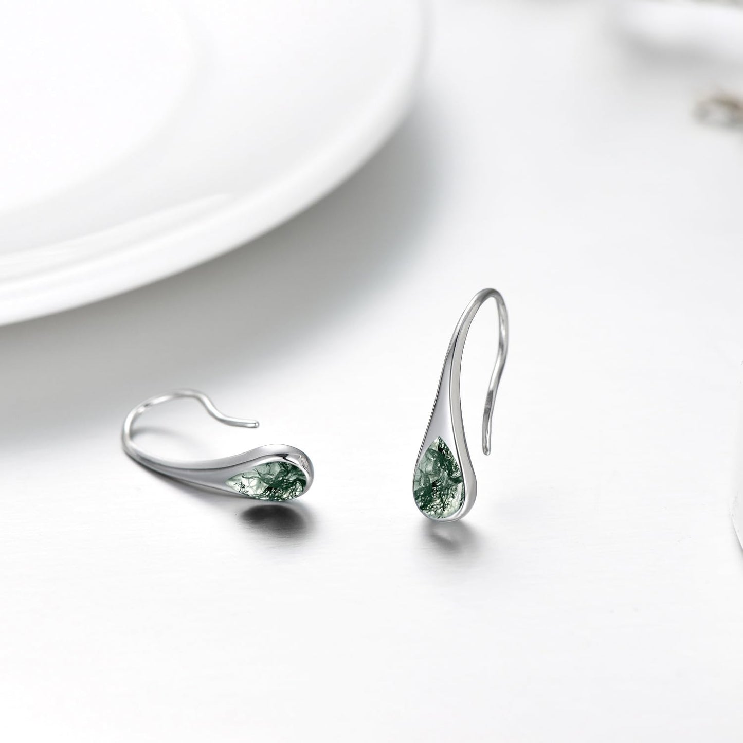 925 Sterling Silver Pear-Shaped Hook Earrings with Moss Agate, Teardrop Jewelry Gifts for Women Wife Mom