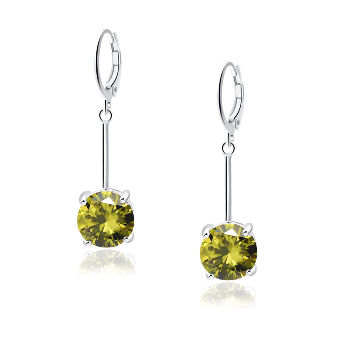 VONSSY Gemstone Drop Dangle Earrings | Platinum /Gold Plated Leverback Crystal Cubic Zirconia Hanging Red /Pink/Blue Earrings (Olive Green-Platinum)