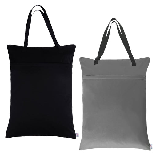 ALVABABY 2 Pack Large Wet Dry Bag Waterproof Hanging Cloth Diaper with Double Zippered Pockets 25x18 inches (Black and grey)