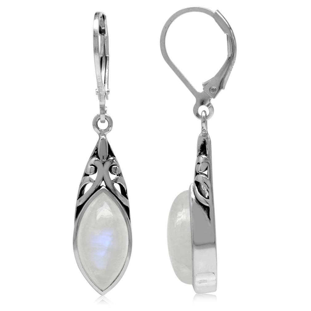 Silvershake 14x7mm Natural Marquise Shape Moonstone 925 Sterling Silver Filigree Leverback Dangle Earrings Jewelry for Women
