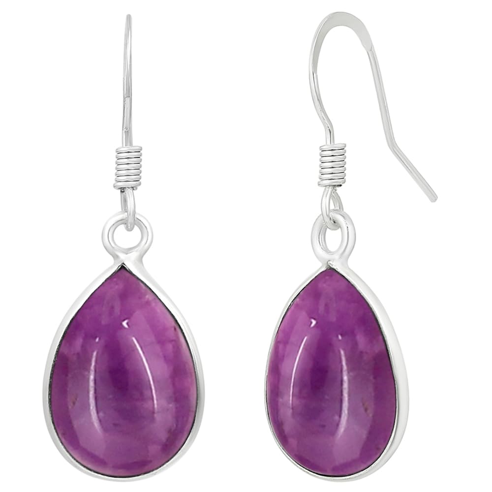 Natural Amethyst Sterling Silver Plated Dangle Earrings for Women - Purple Stone Teardrop Shape February Birthstone Handmade Jewelry Earrings - Valentine's Day Gifts for Her