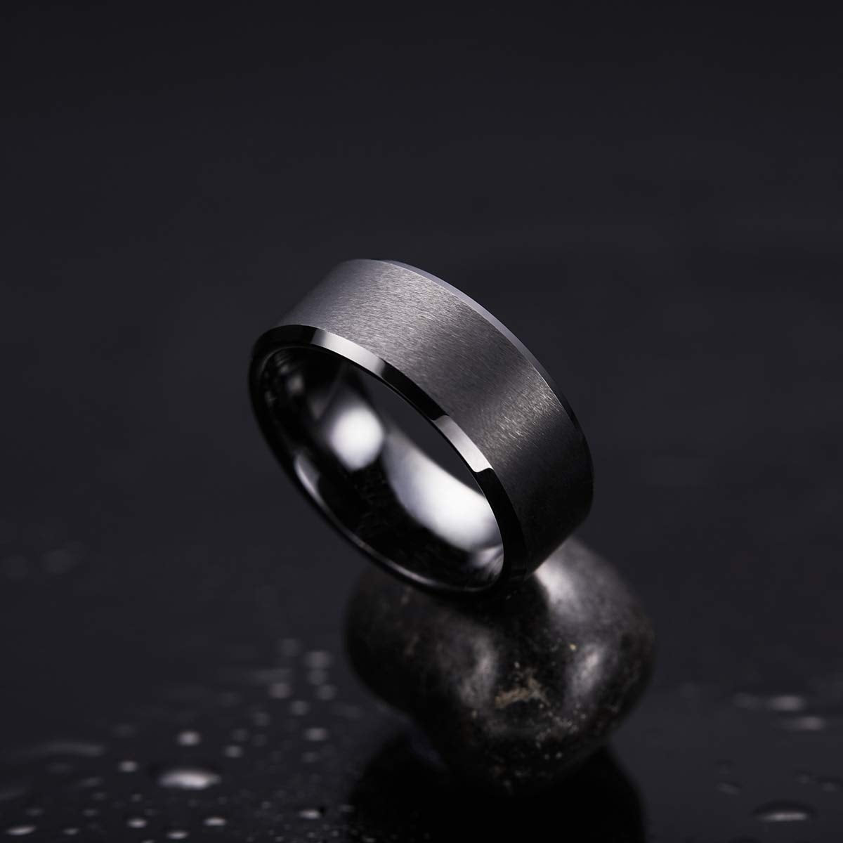 King Will 9mm Men's Black Wedding Ring - Brushed Matte Surface, Beveled Polished Edge, Comfort Fit Size 12