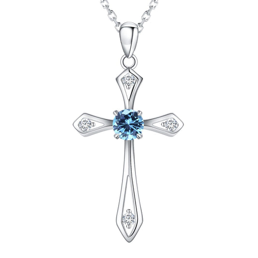 Cross Necklace for Women ,925 Sterling Silver Birthstone Necklace,Blue Topaz- December Birthstone Cross pendant jewelry,Faith Religious Fine Jewelry Valentines Day Gifts Birthday Holiday Gifts for Her