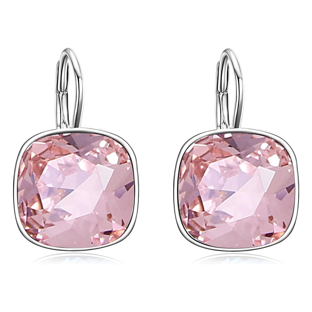 AOBOCO Sterling Silver Leverback Earrings Embellished with Crystals from Austria, Hypoallergenic Cushion Cut Square Crystal Earrings, Fine Anniversary Birthday Jewelry Gifts for Women (Pink)