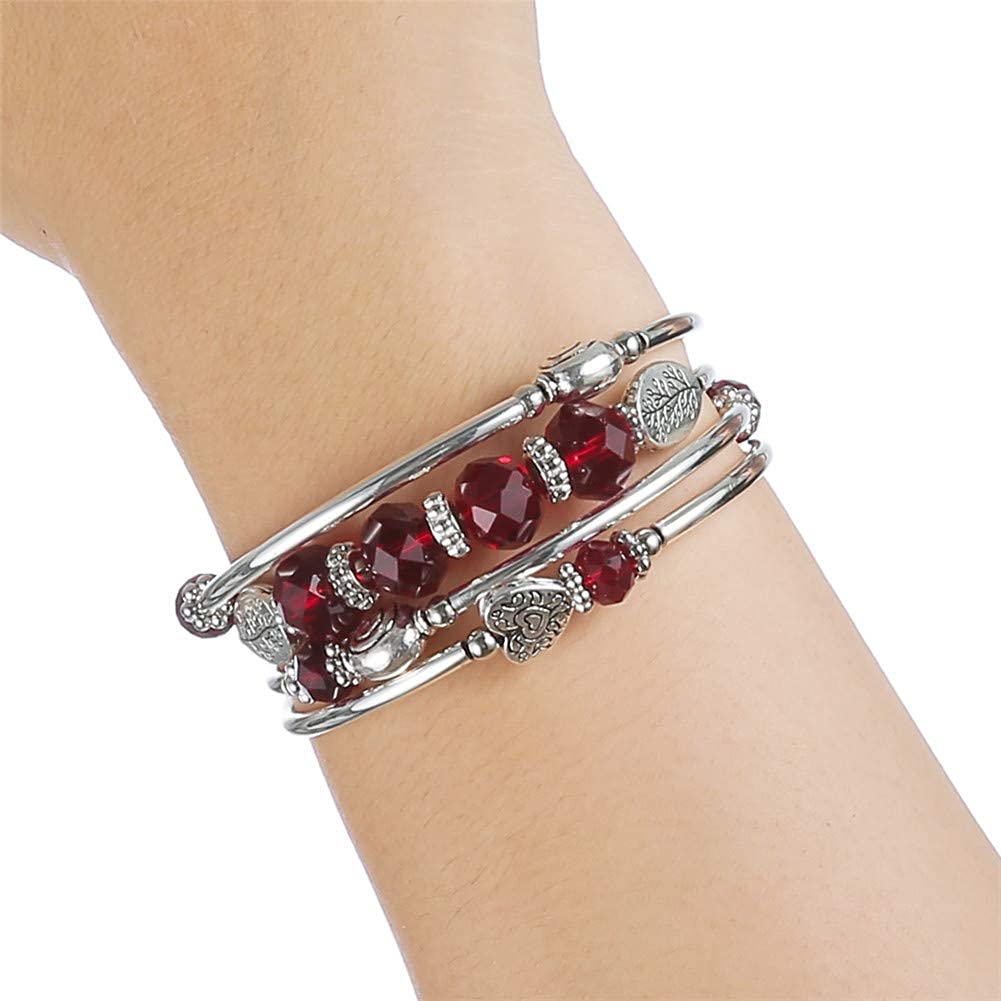 PEARL&CLUB Bead Crystal Wrap Bangle Bracelet - Fashion Jewelry Beaded Bracelet with Silver Metal, Gifts for Women(23-Red)