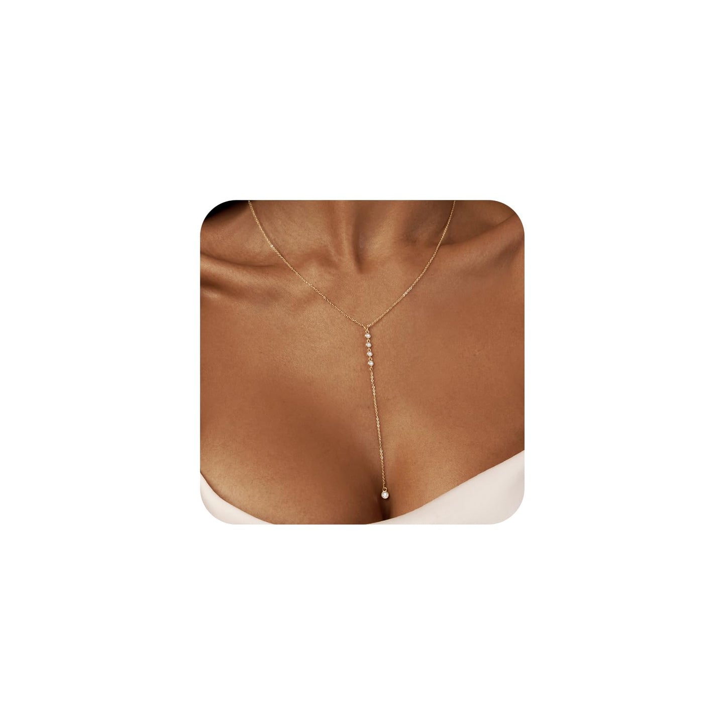 LULII Long Gold Necklace for Women Dainty 14k Gold Plated Drop Lariat Necklace Trendy Simple CZ Y-Shaped Body Chain Prom Statement Jewelry Gifts