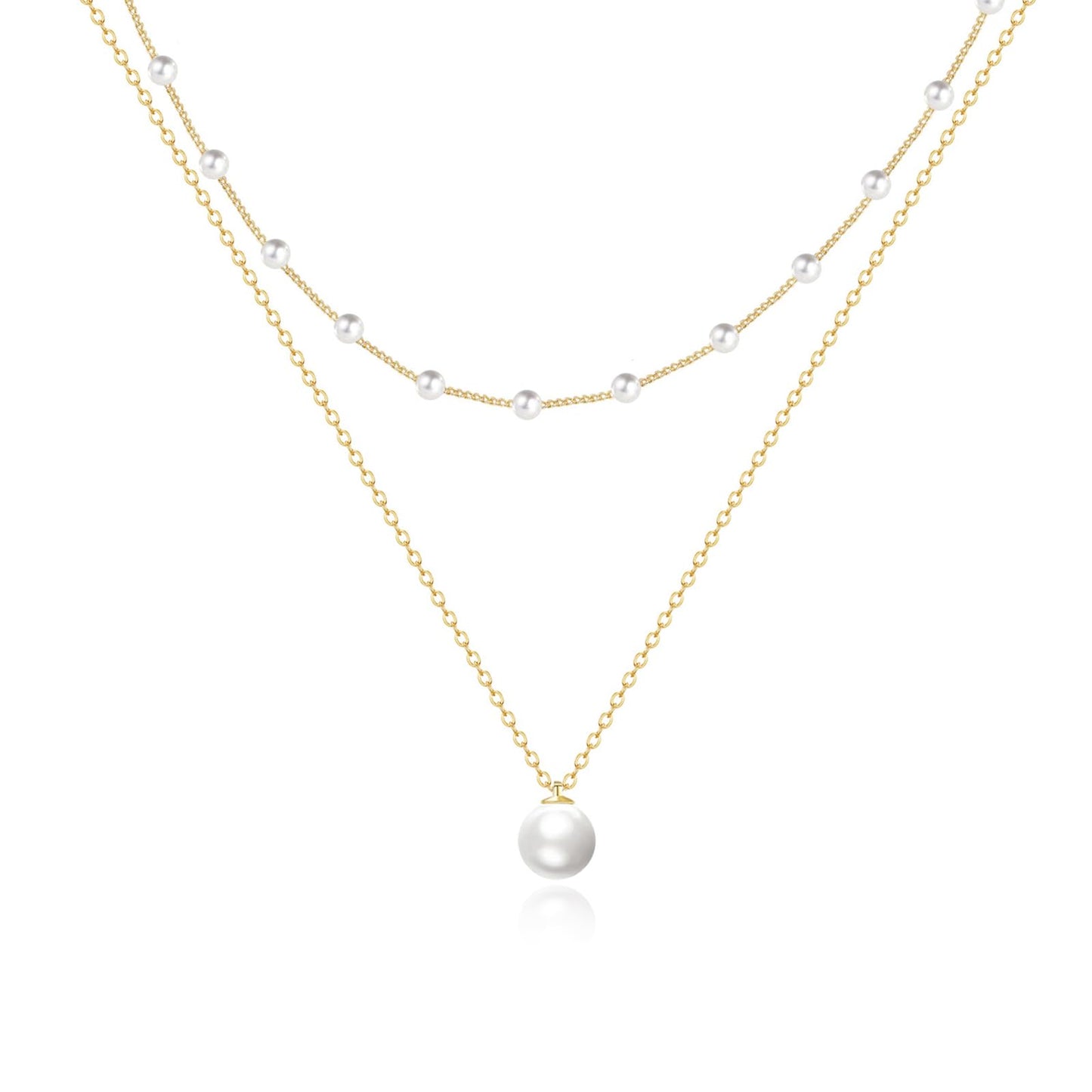Zeffy Layered Gold Pearl Necklaces for Women 14K Gold Plated Dainty Layered Tiny Single Pearl Choker Trendy Cute Gold Necklace Stack Wedding Jewelry Sets for Women Bridesmaid Gifts 2PCS
