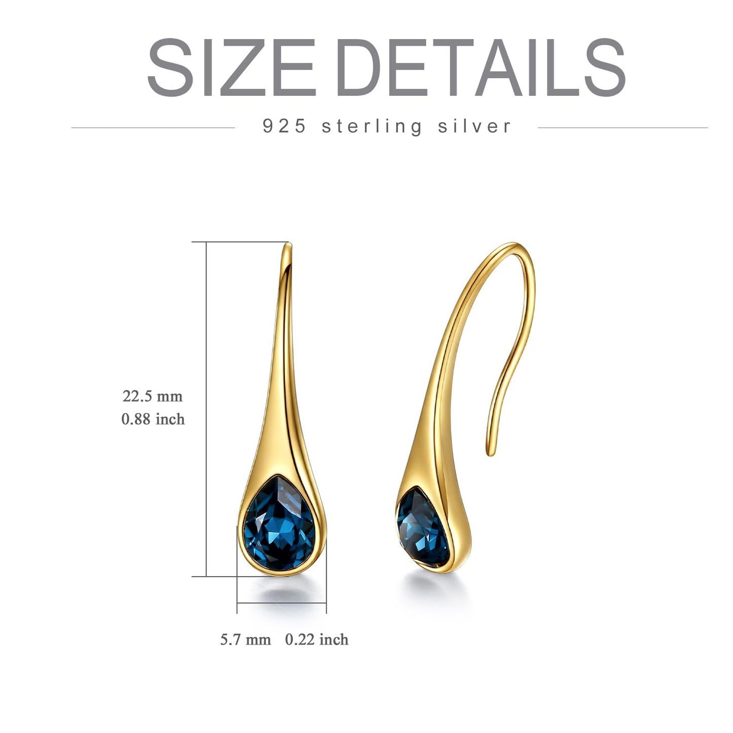 925 Sterling Silver Teardrop Earrings, Hypoallergenic Pear-Shaped Dangle Drop Earrings for Women with London Blue Crystals-14K Gold Plated