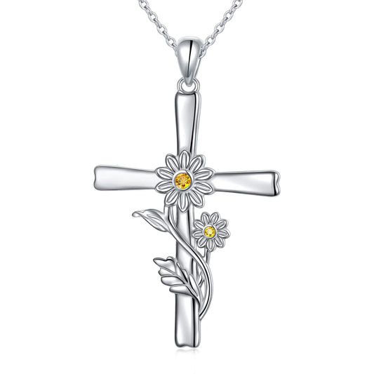HOOHWE Daisy Cross Necklace, 925 Sterling Silver Cross Necklace Dainty White Daisy Flower Pendant Necklace Birth Month Flower Jewelry Anniversary Birthday Gifts for Women Sister Daughter Mom Wife