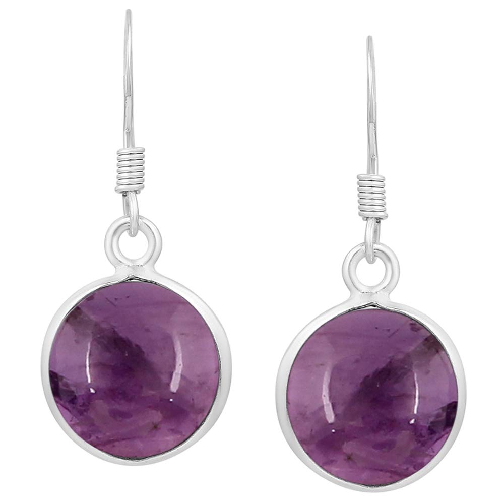 Natural Amethyst 925 Silver Plated Dangle Earrings for Women - Round Shape Purple Color Gemstone February Birthstone Handmade Jewelry Earrings - Valentine's Day Gift for Love