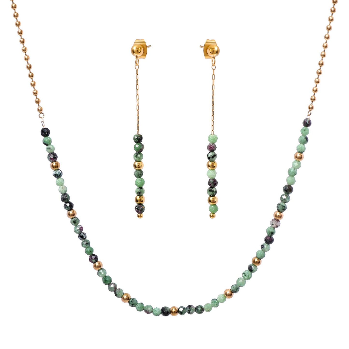 TaYolnFaSo Round Ruby Zoisite Beads Jewelry Set for Women 18K Gold Plated Ruby Zoisite Necklace and Earrings Set Gift for Girlfriend