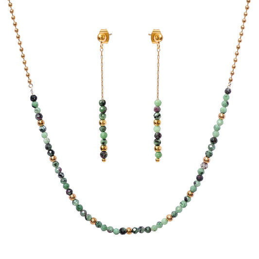 TaYolnFaSo Round Ruby Zoisite Beads Jewelry Set for Women 18K Gold Plated Ruby Zoisite Necklace and Earrings Set Gift for Girlfriend