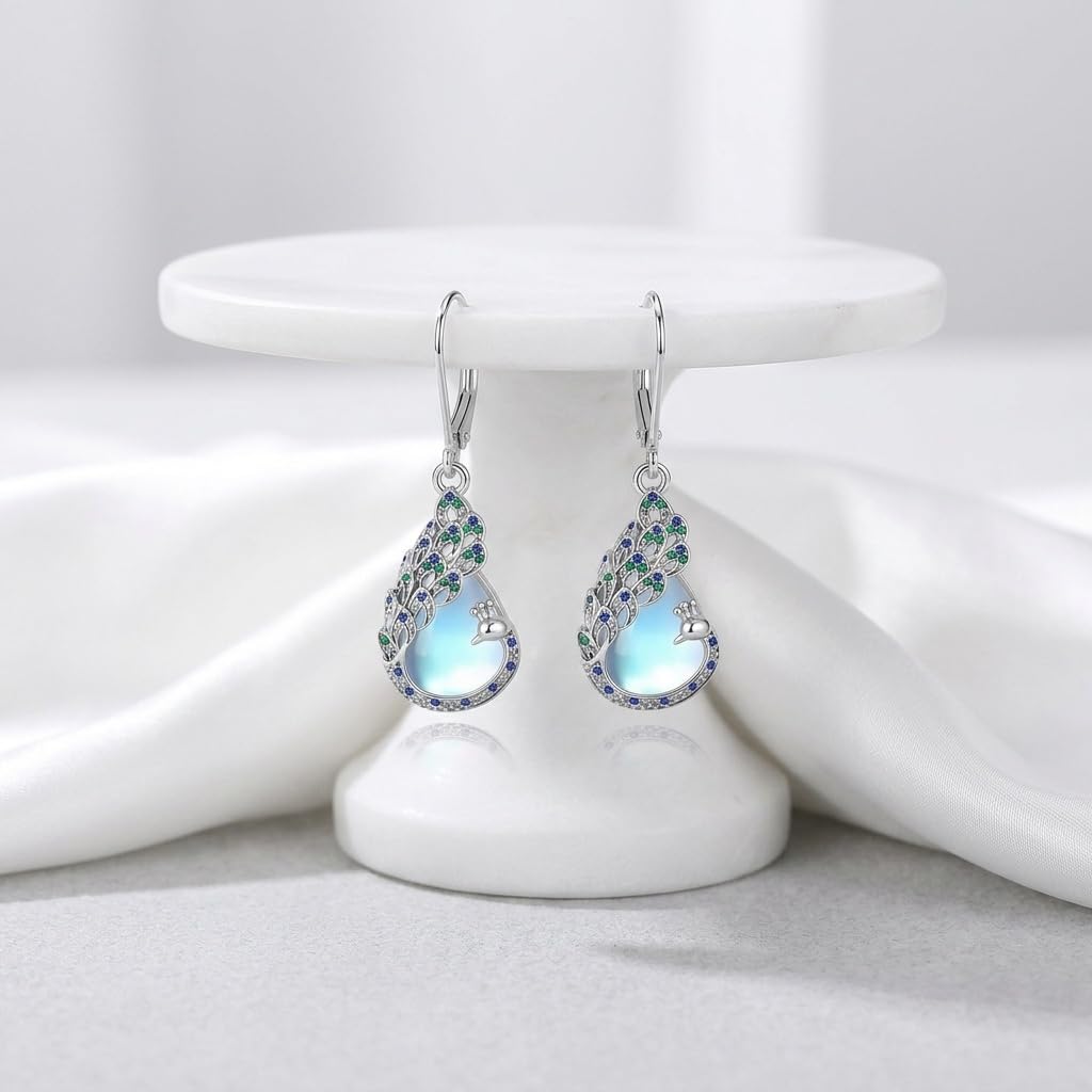 LUANIOL Peacock Earrings 18K White Gold Plated Moonstone Dangle Earrings Peacock Jewelry Gifts for Women