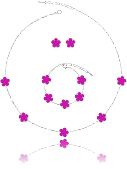 Qinpan Five Leaf Clover Necklace Bracelet and Stud Set for Women Lucky Flower Jewelry (Purple-Stainless Steel)